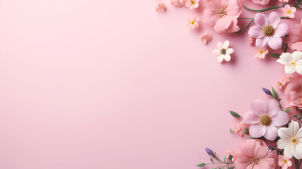 Fototapeta na wymiar Spring flower border on soft pink background copy space