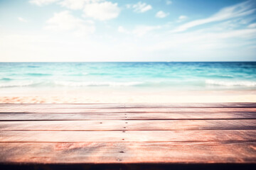Fototapeta premium Top of wood table with seascape, blur calm sea and sky at tropic