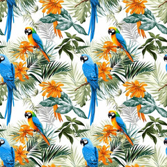 Ilustrated pattern with green tropical plants and burds. 3 colors, screen printing style, white background isolate