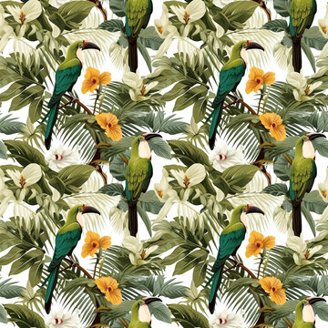 Ilustrated pattern with green tropical plants and burds. 3 colors, screen printing style, white background isolate