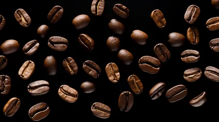 Poster Roasted coffee beans in the air on a black background © samitha