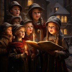 chore of cute children singing carols - obrazy, fototapety, plakaty