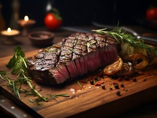 Sizzling steak with herbs and spices on wooden board