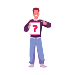 Man hand pointing finger at banner with question mark, vector person makes a gesture and showing, unknown choosing