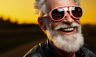 Close up portrait of happy senior man wearing sunglasses fashion - obrazy, fototapety, plakaty