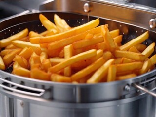 French fries is cooking into deep fryer at kitchen.