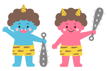金棒を持ったかわいい鬼のベクターイラスト。赤鬼、青鬼