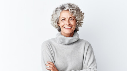 Happy senior woman looking at camera and smiling while standing against white background.