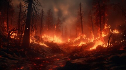 Witness the simulation of a wildfire spreading through a dense forest, threatening wildlife and flora