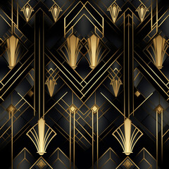 seamless geometric pattern in art deco style. Dark color pattern with gold. Generated ai