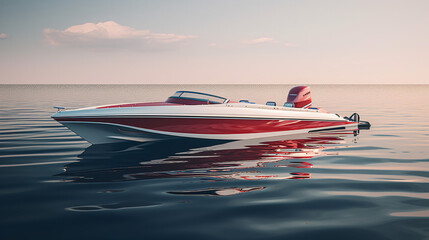 A picture of a spacious white and red boat floating