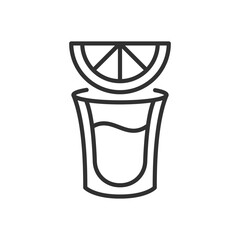 Shot, alcoholic drink with lemon slice, linear icon. Line with editable stroke