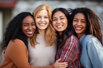 Fototapeta premium Women of different nationalities interact by smiling and embracing friendship. Women of different ages nations races standing around smiling showing support. Support between different women