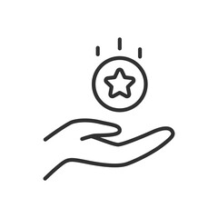 Get bonus points, linear icon, coin to hand. Line with editable stroke