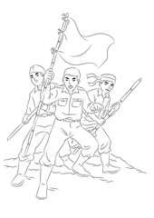 Three warriors stand guard on the battlefield. Coloring page for kids.
