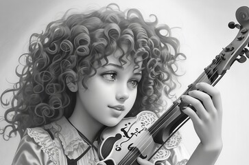 a curly hear girl playing with guitar 