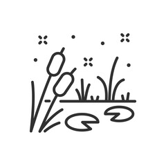 Pond with cattails and lilies, linear icon, swamp. Line with editable stroke - obrazy, fototapety, plakaty