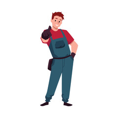 Worker man in overalls pointing hand finger forward, vector person makes a gesture paying attention, indicating