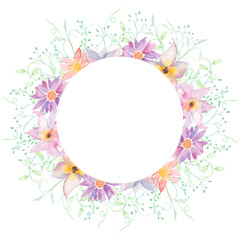 Floral, watercolor frame with hand drawn delicate flowers and green leaves. Forest flowers, wildflowers, wreath on a white background.