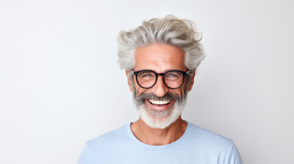 Portrait of handsome bearded elderly man keeps self confident cheerful expression at camera wears formal shirt and spectacles for vision correction isolated on white wall