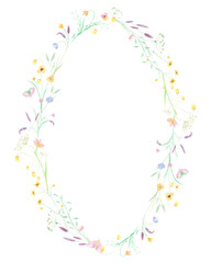 Floral, watercolor wreath with hand drawn delicate flowers and green leaves. Forest flowers, wildflowers, wreath on a white background