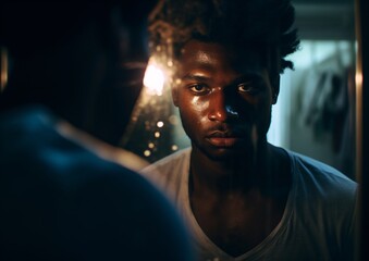 a man is shaving front of his face and looking in the mirror, afro-caribbean influence, back button focus, emotive body language