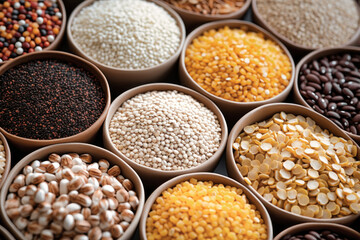 Assorted different types of beans and cereals grains. Set of indispensable sources of protein for a healthy lifestyle. Close-up. View from above.