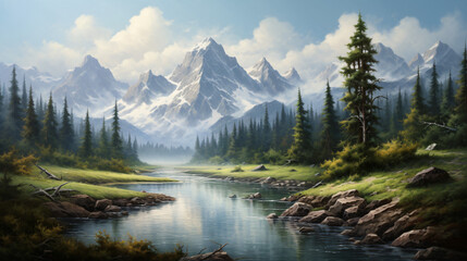 Fototapeta na wymiar A picturesque painting of a serene mountain lake