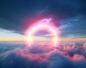 a rainbow circle in the clouds, glowing neon, hyperrealistic compositions, photobashing