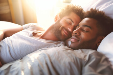 LGBT concept. A loving couple of spirit men lie in bed. Love and romance. two gays. Happy morning for lovers. Valentine's Day. - obrazy, fototapety, plakaty