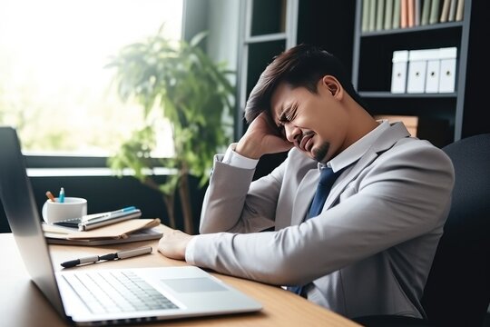Office worker sitting at desk with computer suffers from hell work. Asian office worker with headache got tangled up in paperwork scattered on table. Man struggling in office trying working