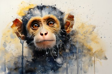 watercolor Monkey illustration with splash watercolor textured background cute monkey - obrazy, fototapety, plakaty