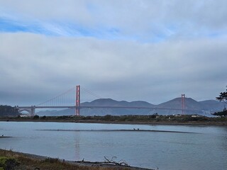 View of Golden gate bridge in San Francisco California from the shoreline of the bay
