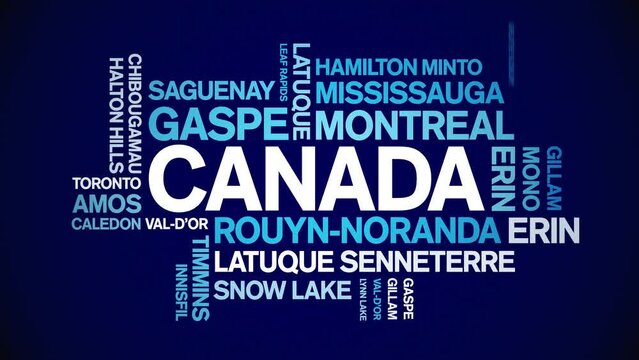 Canada animated tag word cloud;text design animation List of cities towns kinetic typography seamless loop.