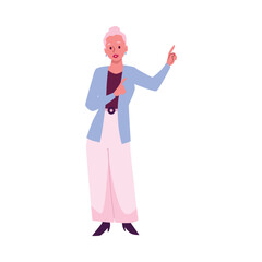 Blonde woman point up, flat vector illustration isolated on white