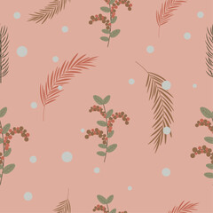 Seamless pattern with winter berries, pine branches and snow