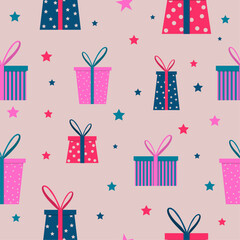 Seamless pattern with gifts and stars for birthday party, Christmas, holiday, New Year