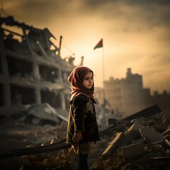 sad little girl in the middle of chaos that made by war - generative ai