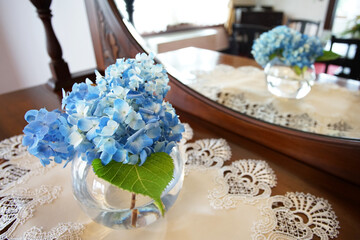 Blue hydrangea flowers in a vase reflected in the mirror on the dressing table in the room