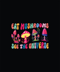8 mushroom blend,mushroom t shirt design, illustration, bohemian vibe top, vintage groovy toy, funky graphic print