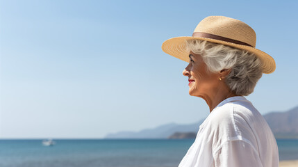 Alte Frau mit einem Hut schaut in die Ferne am Strand