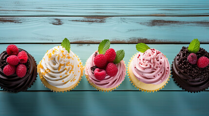 cupcakes with whipped cream, Cupcakes  on the table with fruits, cake with raspberries, copy space,...