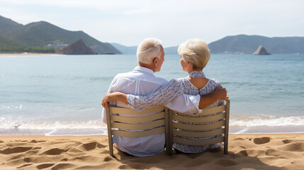 Älteres Ehepaar sitzt am Strand und schaut in die Ferne