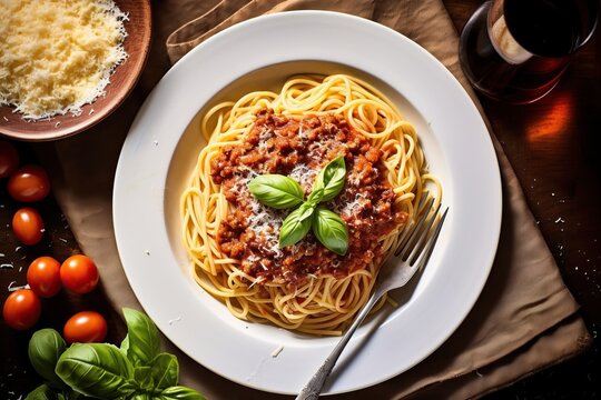 Classic spaghetti bolognese, highlighting the rich tomato sauce, perfectly cooked pasta, and grated Parmesan cheese