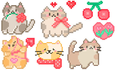 Cats character design in Valentine's theme in pixel art