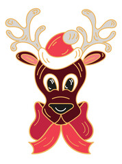Christmas Santas deer in a hat with bow sticker isolated on transparent background