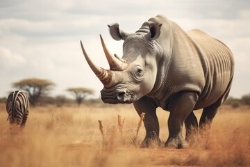 Obraz premium A rhino standing next to a zebra in a field. Generative AI.
