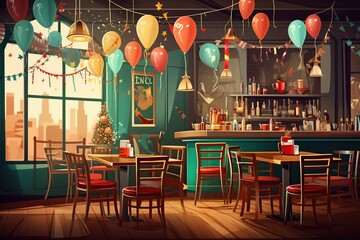 Retro illustration of a stylized New Year's Eve cafe with vintage furniture - obrazy, fototapety, plakaty