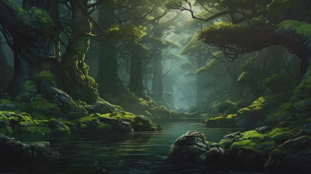 river in the jungle. seamless looping time-lapse virtual video Animation Background.	