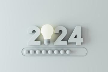 New Year 2024 numbers with light bulb and loading new year 2023 to 2024 on white background.Loading bar almost complete with idea being processed,start straight concept.3d rendering